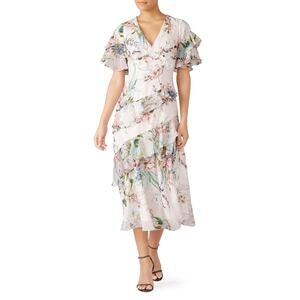 Theia Blush Multi Floral Ruffled Flutter Short Sleeve V-Neck Midi Dress Size 0